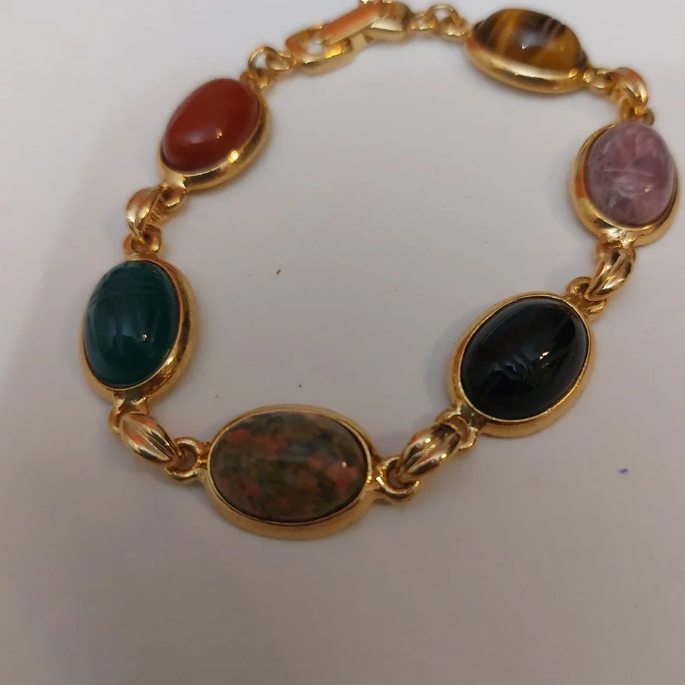 Multi Stones Scarab Bracelet Gold Tone Links Semiprecious Gems - Picture 3 of 9
